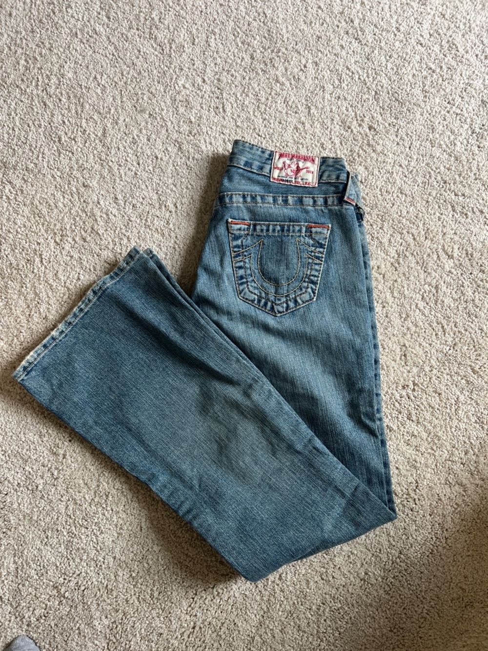 True Religion Light Blue Back Pocket Jeans with Contrast Stitching